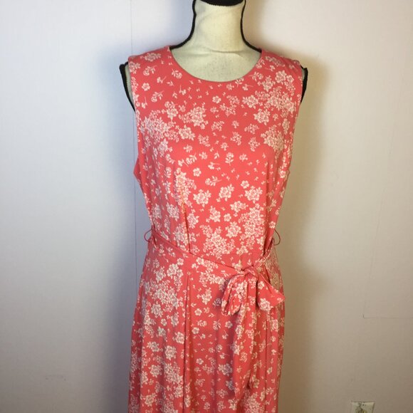 New! Charter Club A-line Midi Dress L Womans Coral Floral Knit Sleeveless Belt - Picture 4 of 15